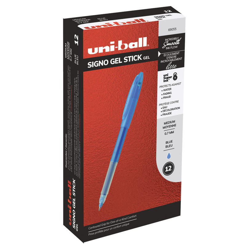 uni-ball Gelstick Pens, Medium Point, 0.7 mm, Blue Barrel, Blue Ink, Pack Of 12 (Min Order Qty 6) MPN:69055