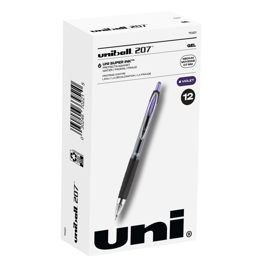 uni-ball 207 Retractable Fraud Prevention Gel Pens, Medium Point, 0.7 mm, Black Barrels, Purple Ink, Pack Of 12 (Min Order Qty 4) MPN:70221