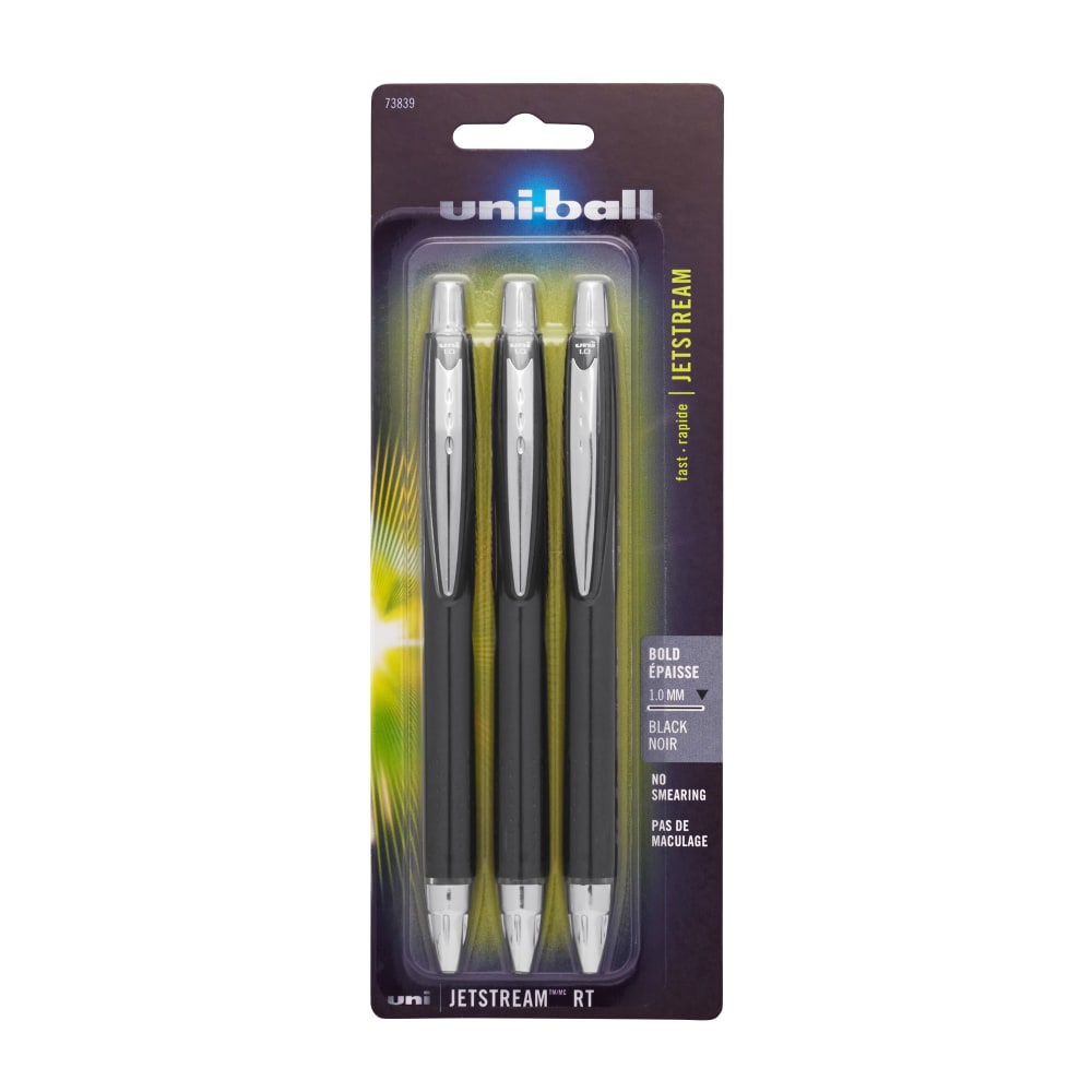 uni-ball JetStream RT Retractable Ballpoint Pens, Bold Point, 1.0 mm, Black Barrel, Black Ink, Pack Of 3 (Min Order Qty 9) MPN:73839