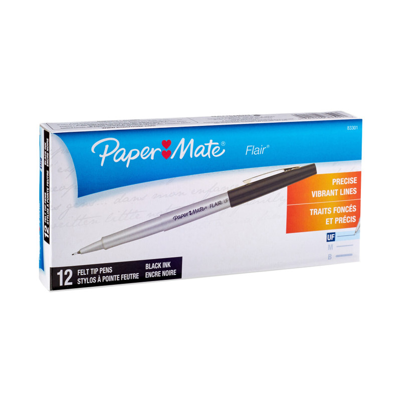 Paper Mate Flair Porous-Point Pens, Ultra Fine Point, 0.4 mm, Black Barrel, Black Ink, Pack Of 12 (Min Order Qty 5) MPN:8330152