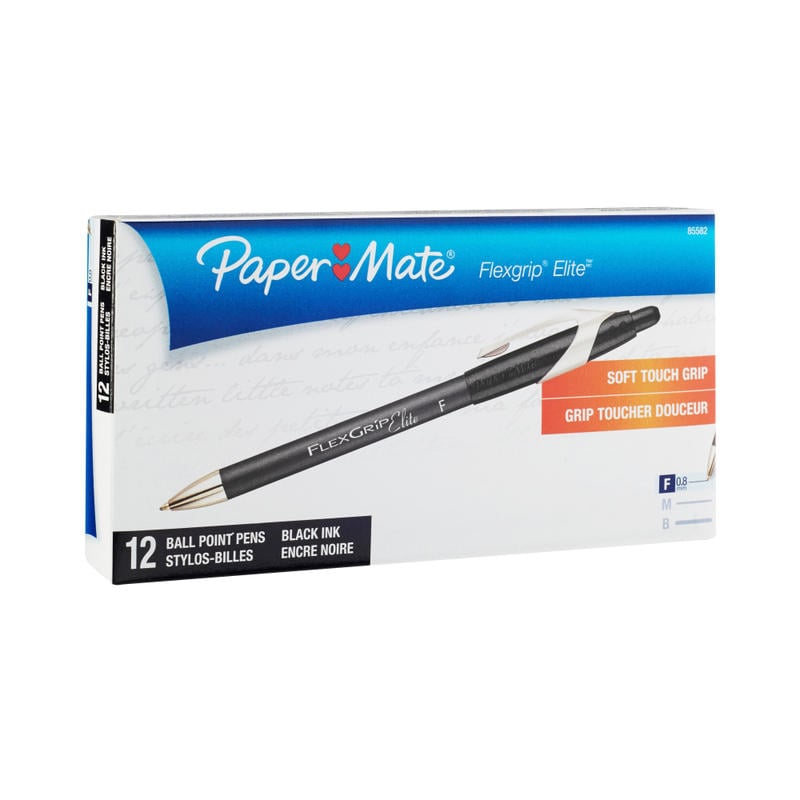 Paper Mate FlexGrip Elite Retractable Ballpoint Pens, Fine Point, 0.8 mm, Black Barrel, Black Ink, Pack Of 12 Pens (Min Order Qty 5) MPN:88103/85582