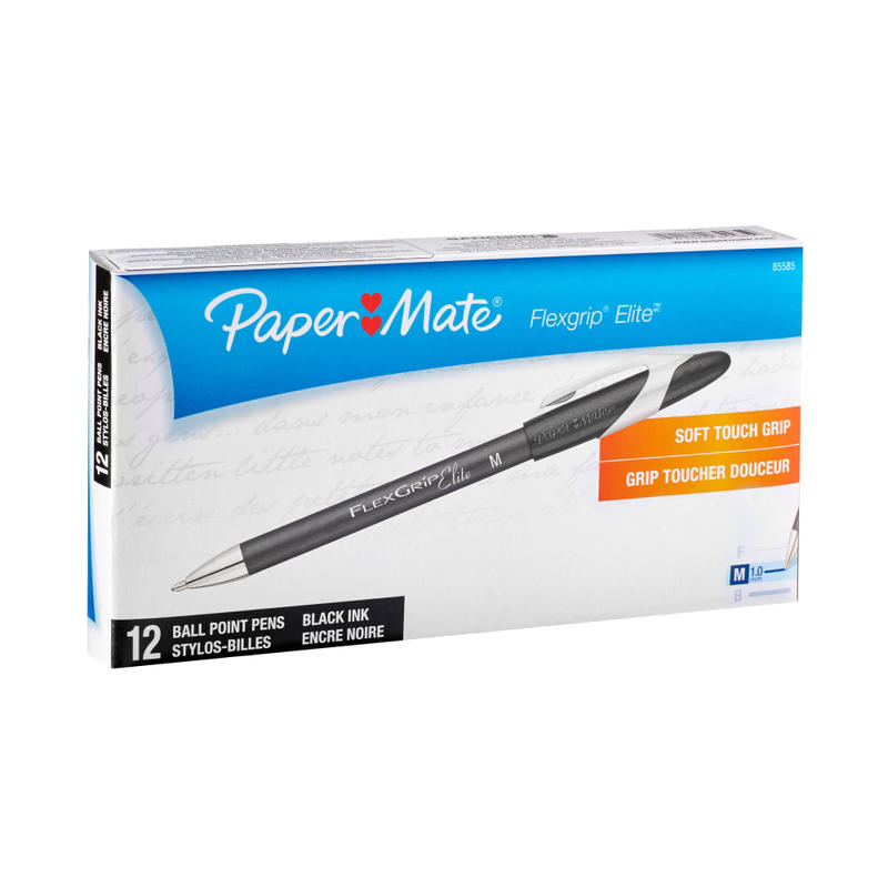 Paper Mate FlexGrip Elite Ballpoint Stick Pens, Medium Point, 1.0 mm, Black Barrel, Black Ink, Pack Of 12 (Min Order Qty 7) MPN:88106/85585