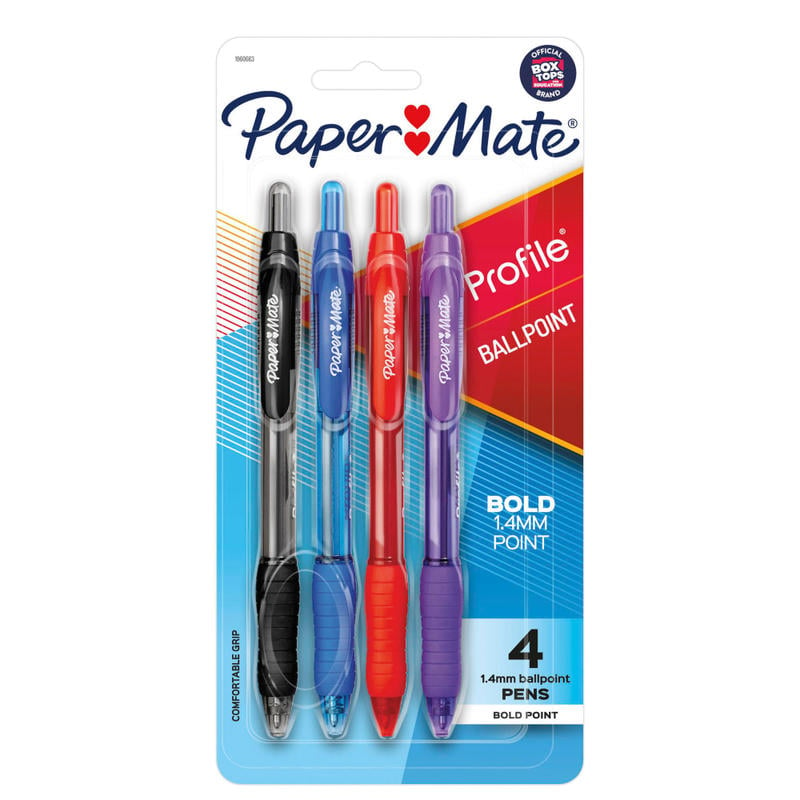 Paper Mate Profile Retractable Ballpoint Pens, Bold Point, 1.4 mm, Translucent Barrel, Assorted Ink Colors, Pack Of 4 (Min Order Qty 15) MPN:89473