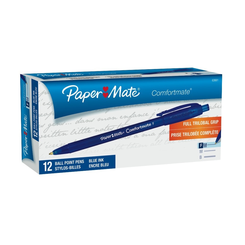 Paper Mate Comfortmate Ultra Retractable Ballpoint Pens, Fine Point, 0.8 mm, Blue Barrel, Blue Ink, Pack Of 12 (Min Order Qty 7) MPN:PAP63601