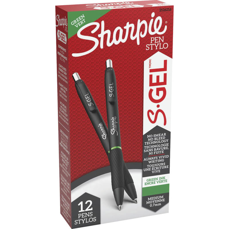 Sharpie S-Gel Retractable Pens, Medium Point, 0.7 mm, Black Barrel, Green Ink, Pack Of 12 Pens (Min Order Qty 3) MPN:SAN2126216