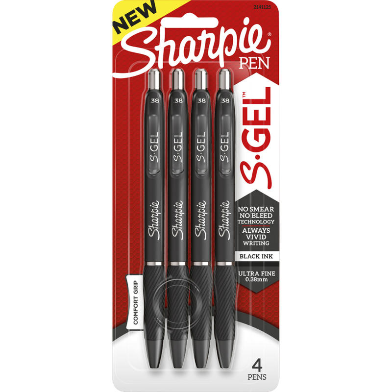 Sharpie S-Gel Pens, Ultra-Fine Point, 0.38 mm, Black Barrel, Black Ink, Pack Of 4 Pens (Min Order Qty 7) MPN:SAN2141125