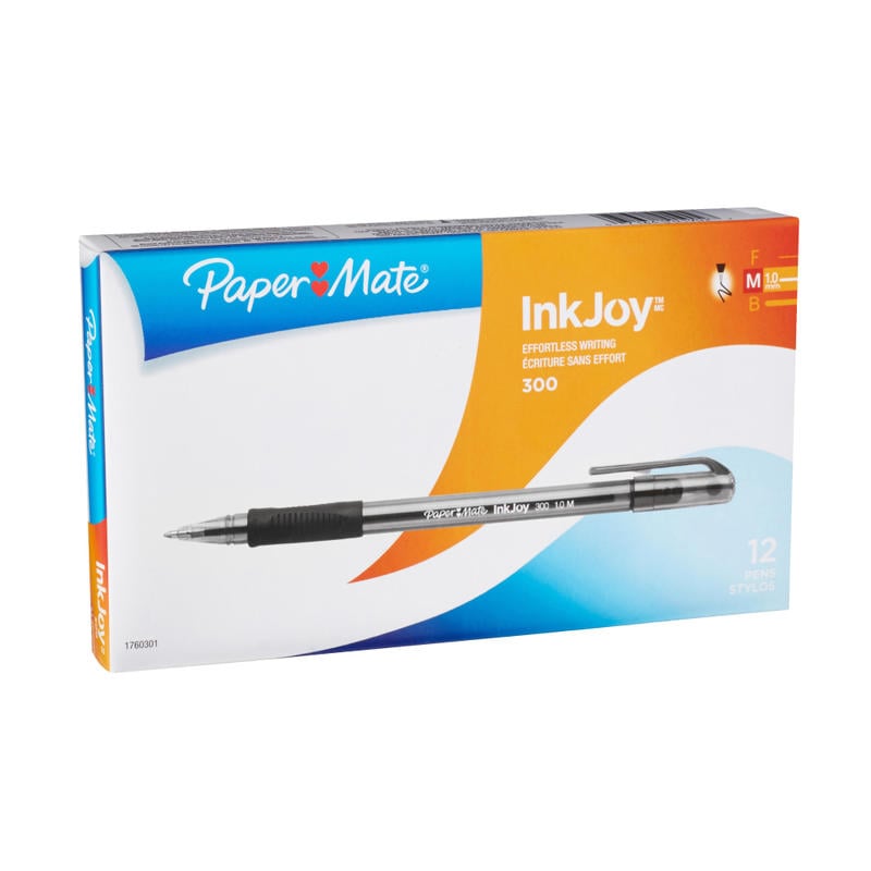 Paper Mate InkJoy 300 Stick Pens, Medium Point, 1.0 mm, Translucent Barrels, Black Ink, Pack Of 12 Pens (Min Order Qty 9) MPN:1760301