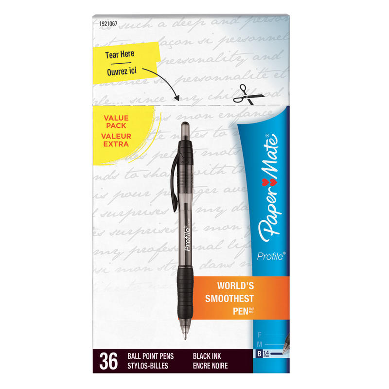 Paper Mate Profile Retractable Ballpoint Pens, Bold Point, 1.4mm, Translucent Black Barrel, Black Ink, Pack Of 36 (Min Order Qty 3) MPN:1921067