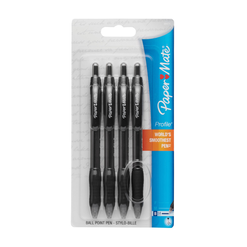 Paper Mate Profile Retractable Ballpoint Pens, Bold Point, 1.4 mm, Translucent Barrel, Black Ink, Pack Of 4 Pens (Min Order Qty 15) MPN:89471