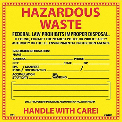 Hazardous Waste Hazmat Label PK25 MPN:HW1