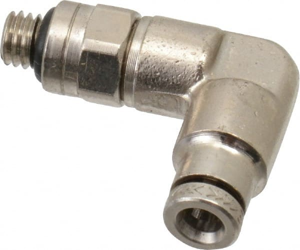 Push-To-Connect Tube to Male & Tube to Male UNF Tube Fitting: Pneufit Swivel Male Elbow, #10-32 Thread, 1/8