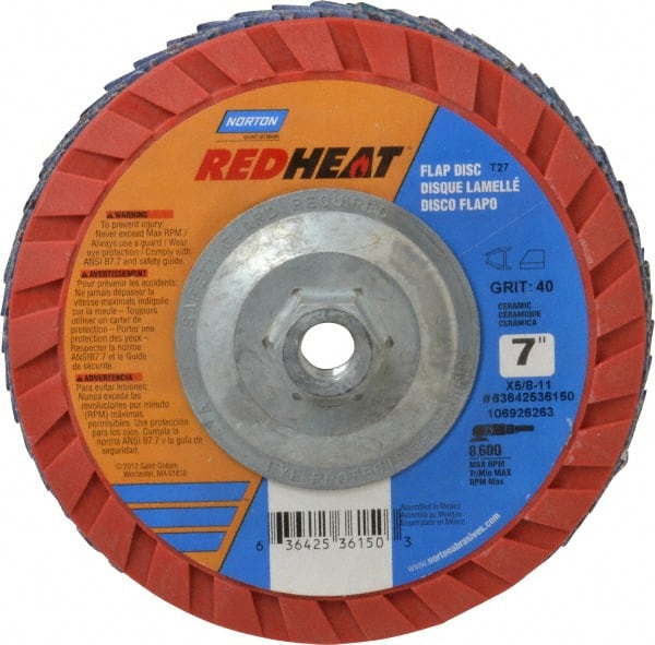 Flap Disc: 5/8-11 Hole, 40 Grit, Ceramic, Type 27 MPN:63642536150