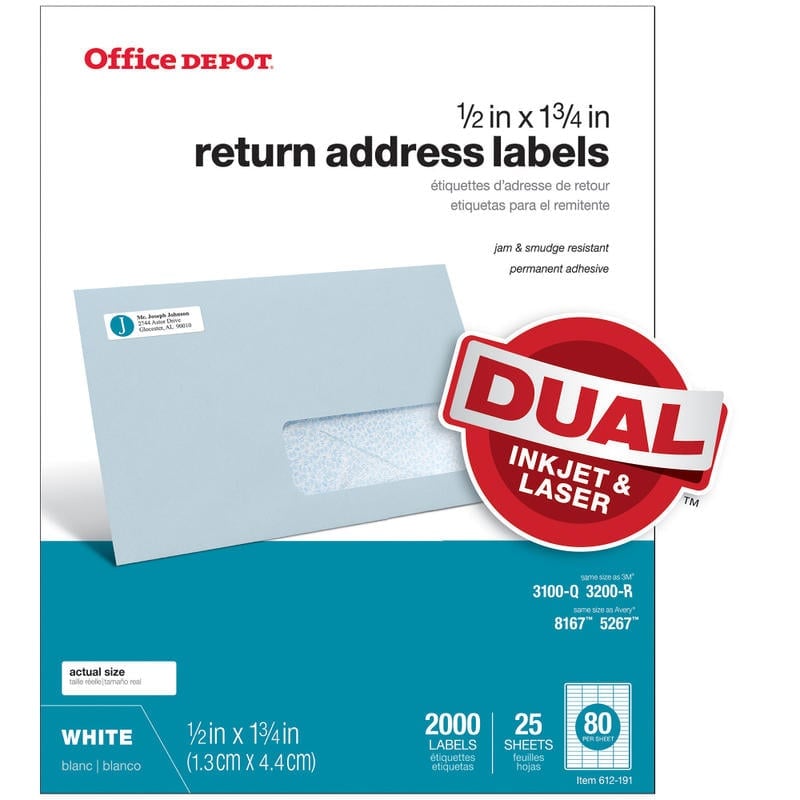 Office Depot Brand Inkjet/Laser Return Address Labels, Rectangle 1/2in x 1 3/4in, White, Pack Of 2,000 (Min Order Qty 31) MPN:505-O004-0001