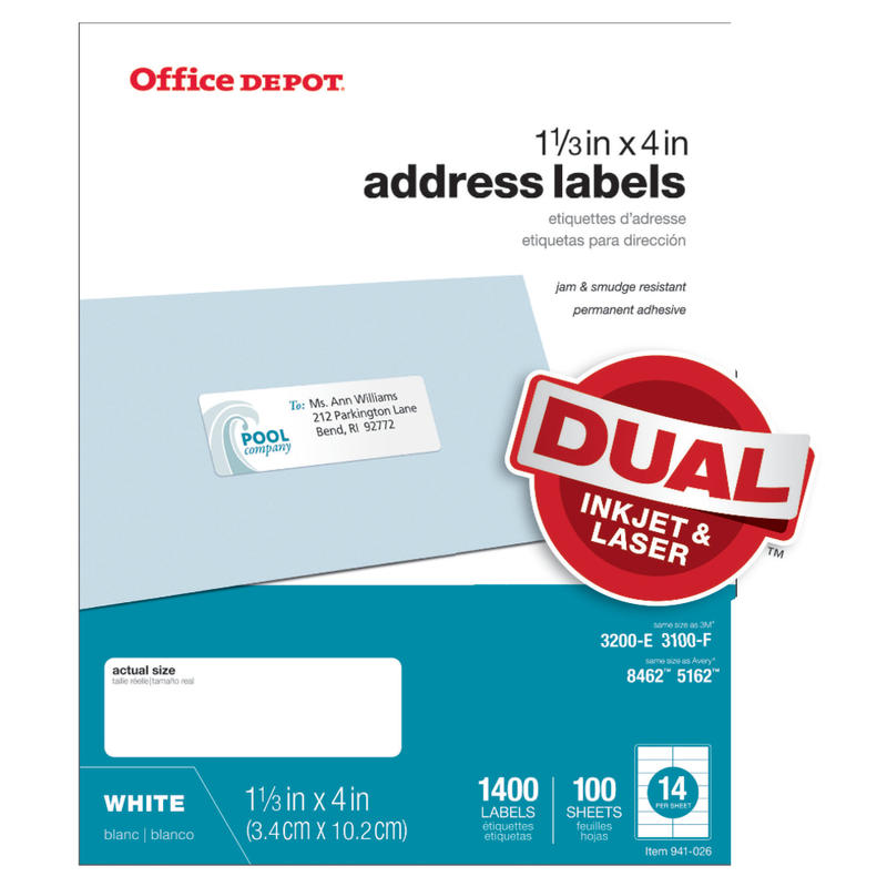 Office Depot Brand Inkjet/Laser Address Labels, Rectangle, 1 1/3in x 4in, White, Pack Of 1,400 (Min Order Qty 10) MPN:505-O004-0019