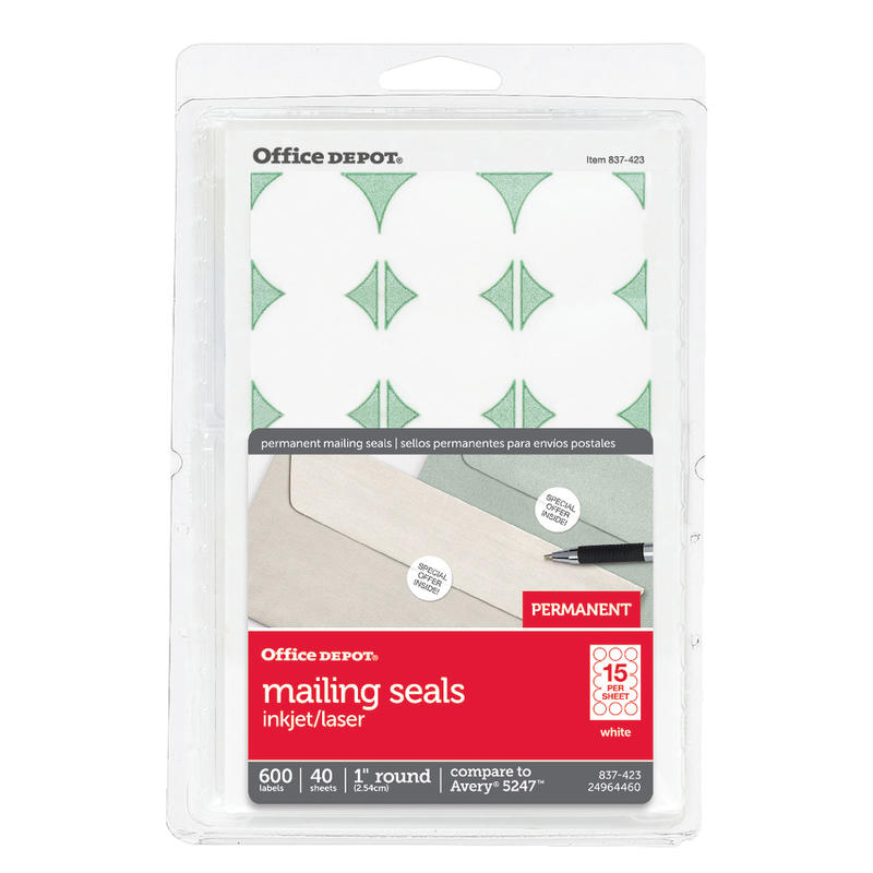 Office Depot Brand Permanent Mailing Seals, 1in Diameter, White, Pack Of 600 (Min Order Qty 45) MPN:OD98796