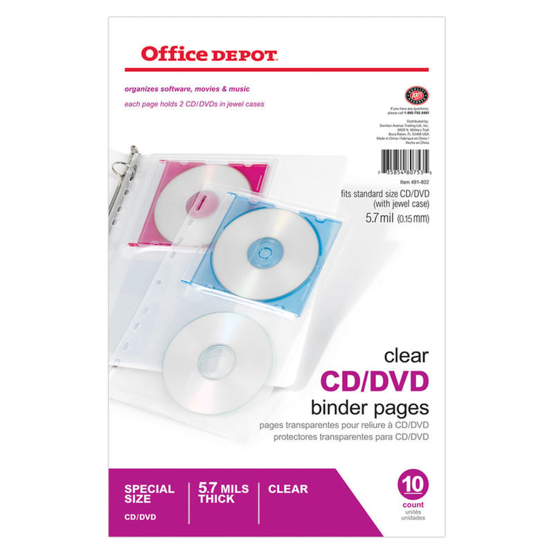 Office Depot Brand CD/DVD Binder Pages, 6in x 10 1/2in, Clear, Pack Of 10 (Min Order Qty 25) MPN:491802