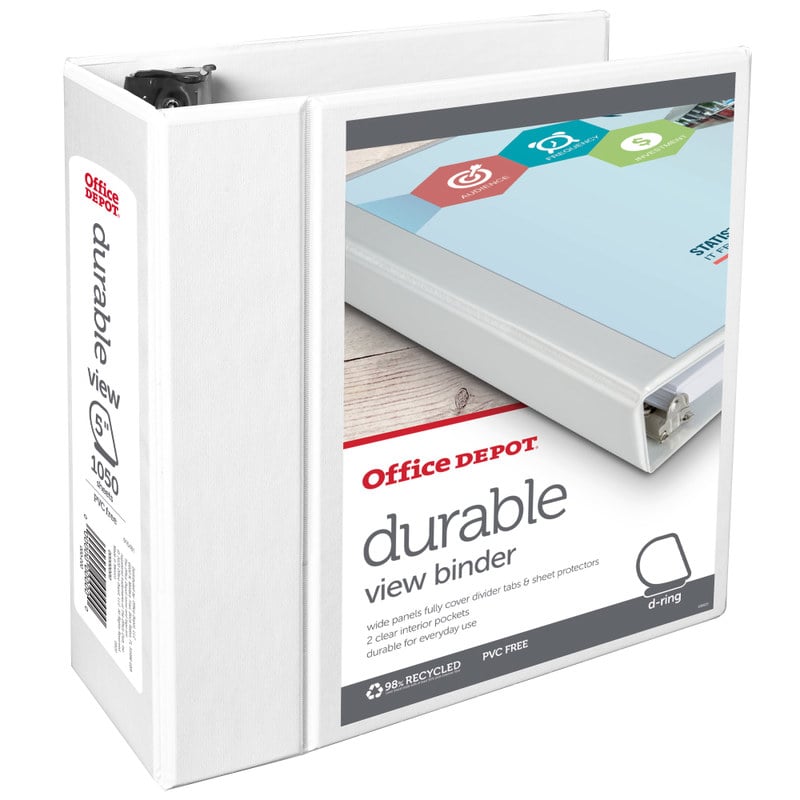 Office Depot Brand Durable View 3-Ring Binder, 5in Slant Rings, White (Min Order Qty 9) MPN:82356