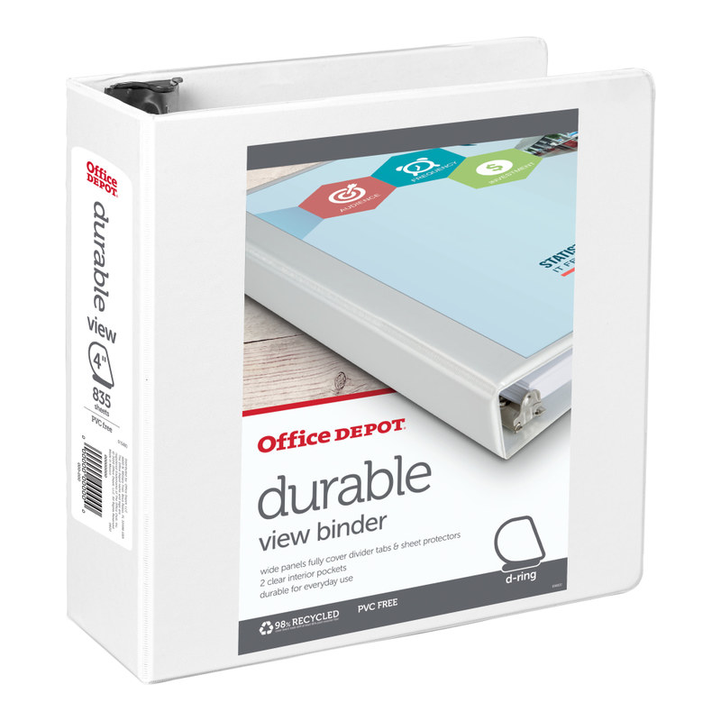 Office Depot Brand Durable View 3-Ring Binder, 4in Slant Rings, White (Min Order Qty 10) MPN:82357