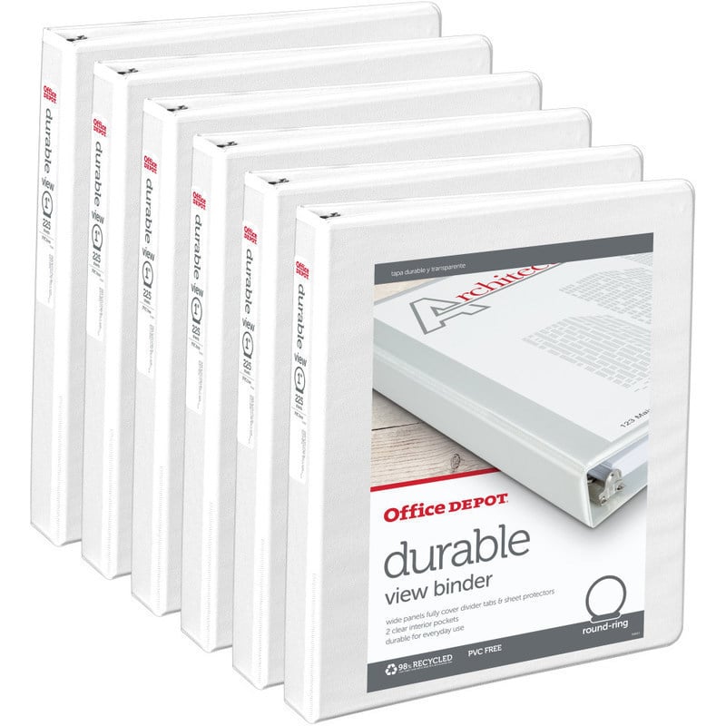 Office Depot Brand Durable View 3-Ring Binder, 1in Round Rings, White, Pack Of 6 (Min Order Qty 5) MPN:OD02040