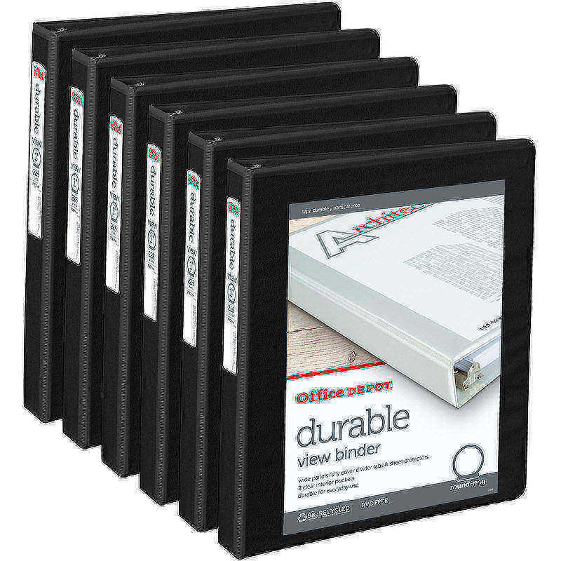 Office Depot Brand Durable View 3-Ring Binder, 1in Round Rings, Black, Pack Of 6 (Min Order Qty 5) MPN:OD02041