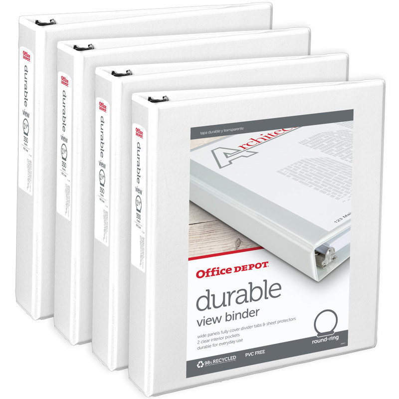 Office Depot Brand Durable View 3-Ring Binder, 1 1/2in Round Rings, White, Pack Of 4 (Min Order Qty 6) MPN:OD02042