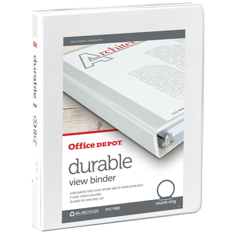 Office Depot Brand Durable View 3-Ring Binder, 1/2in Round Rings, White (Min Order Qty 30) MPN:OD02959