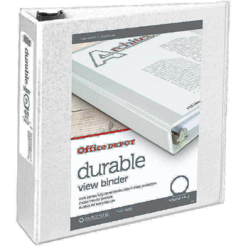 Office Depot Brand Durable View 3-Ring Binder, 3in Round Rings, White (Min Order Qty 16) MPN:OD02972