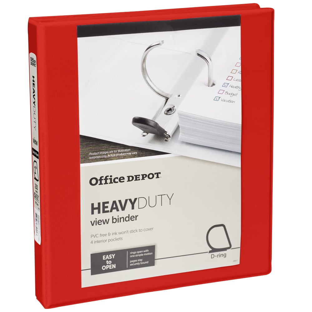 Office Depot Brand Heavy-Duty View 3-Ring Binder, 1in D-Rings, 49% Recycled, Red (Min Order Qty 18) MPN:OD03313