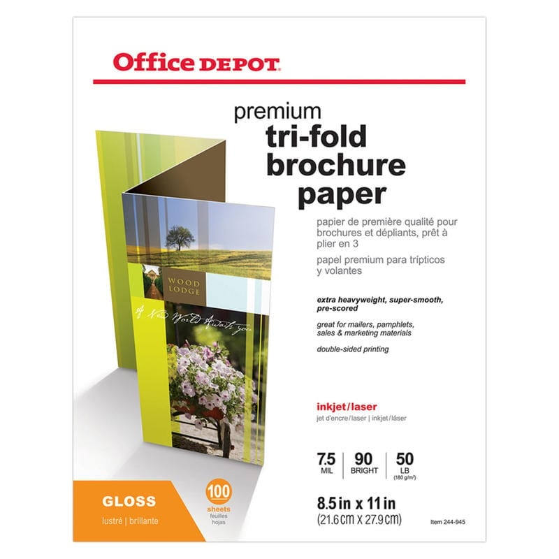 Office Depot Brand Professional Trifold Business Paper, Glossy, Double-Sided, Letter Size, White, Pack Of 100 Sheets (Min Order Qty 4) MPN:124214