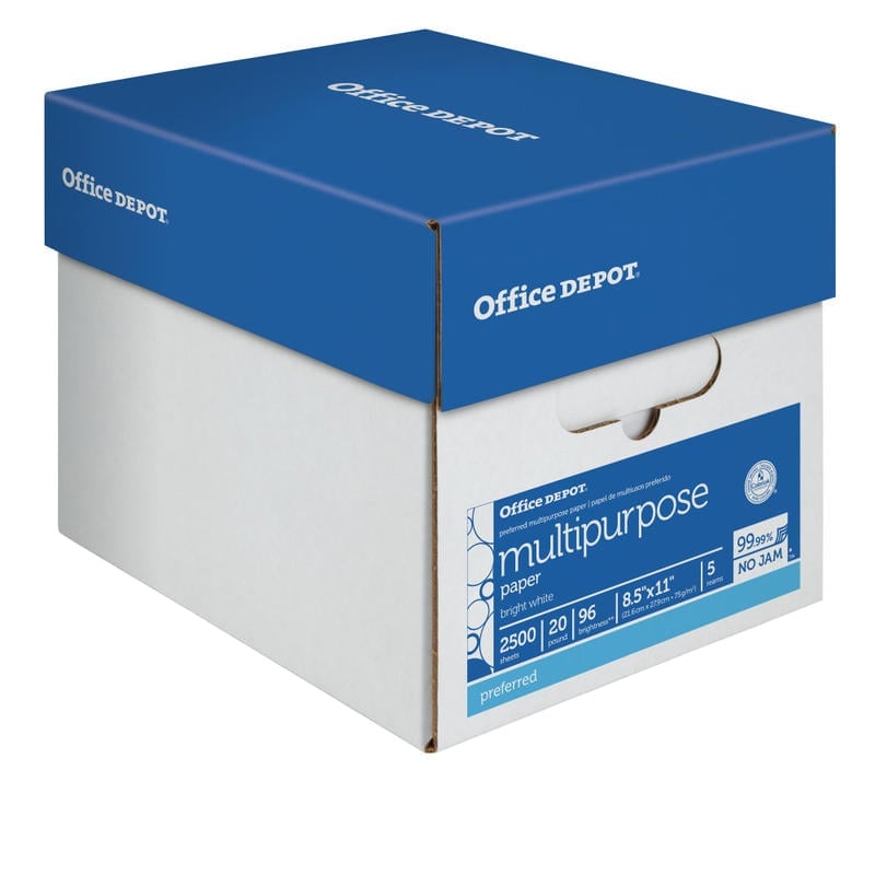 Office Depot Multi-Use Printer & Copy Paper, 5 Reams, White, Letter (8.5in x 11in), 2500 Sheets Per Case, 20 Lb, 96 Brightness (Min Order Qty 2) MPN:58288