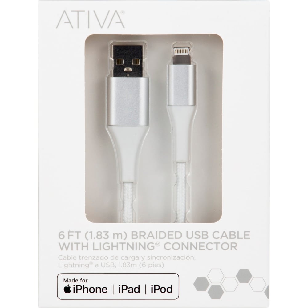 Ativa Lightning To USB Type-A Cable, 6ft, White, 45402 (Min Order Qty 7) MPN:45402