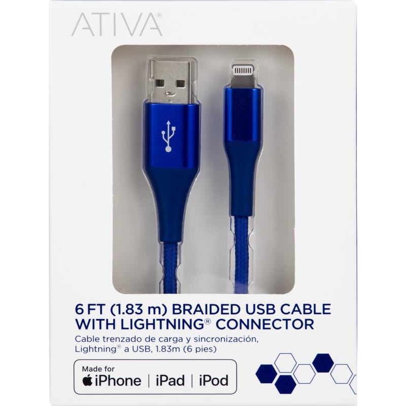 Ativa Lightning To USB Type-A Cable, 6ft, Navy, 45403 (Min Order Qty 7) MPN:45403