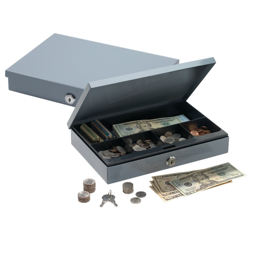 Office Depot Brand Ultra-Slim Cash Box With Security Lock, 2inH x 11 1/4inW x 7 1/2inD, Gray (Min Order Qty 5) MPN:TS813