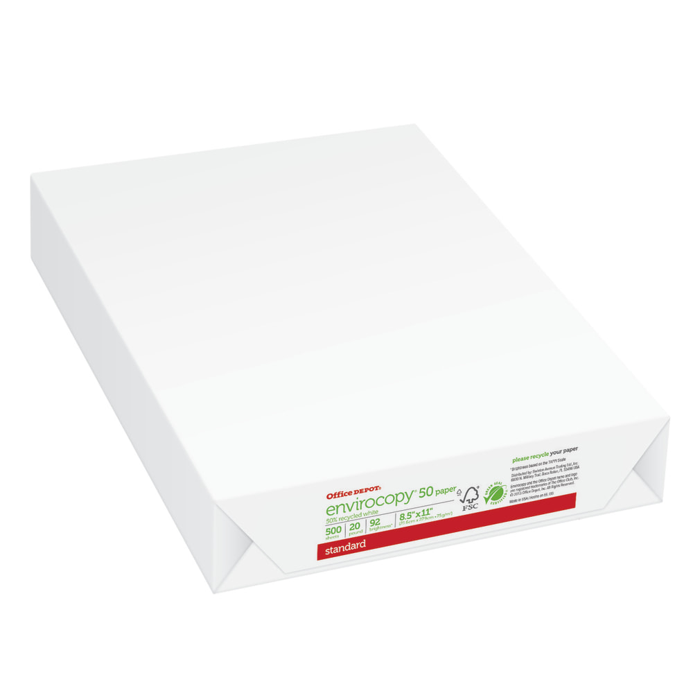 Office Depot EnviroCopy Copy Paper, 1 Ream, White, Letter (8.5in x 11in), 500 Sheets Per Ream, 20 Lb, 92 Brightness, 50% Recycled, FSC Certified (Min Order Qty 8) MPN:1795RM