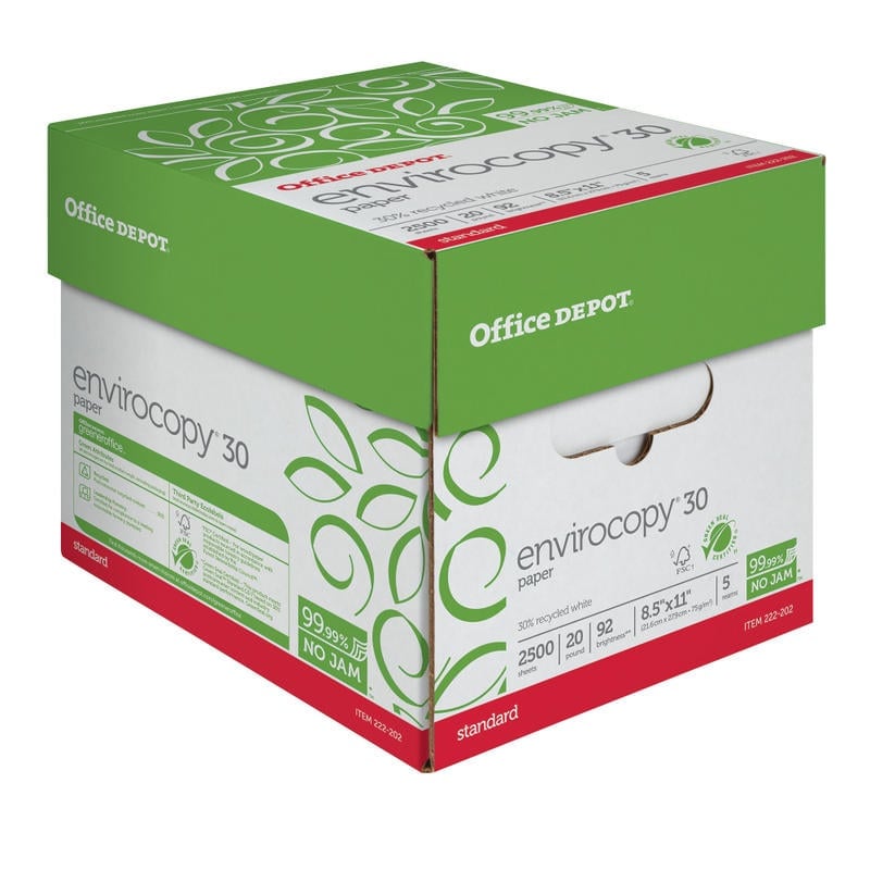 Office Depot EnviroCopy Copy Paper, 5 Reams, White, Letter (8.5in x 11in), 2500 Sheets Per Case, 20 Lb, 30% Recycled, FSC Certified (Min Order Qty 2) MPN:40430