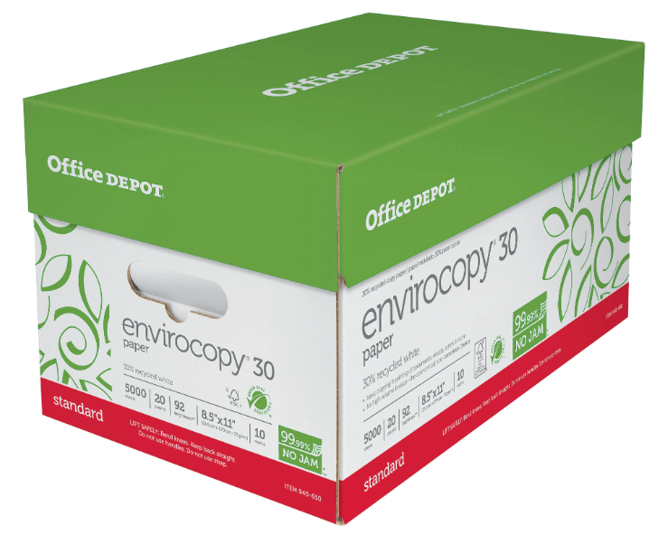 Office Depot EnviroCopy Copy Paper, 10 Reams, White, Letter (8.5in x 11in), 5000 Sheets Per Case, 20 Lb, 30% Recycled, FSC Certified MPN:651001OD