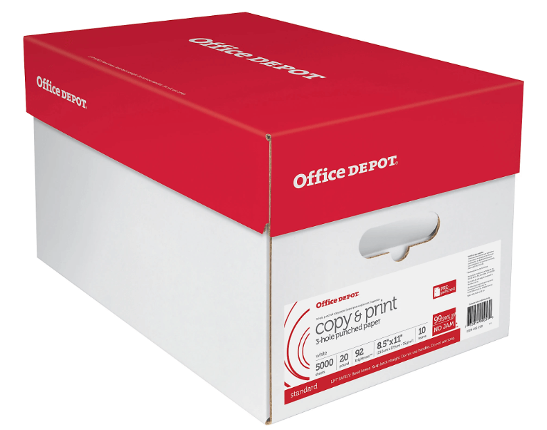 Office Depot 3-Hole Punched Multi-Use Printer & Copy Paper, 10 Reams, White, Letter (8.5in x 11in), 5000 Sheets Per Case, 20 Lb, 92 Brightness MPN:851031OD