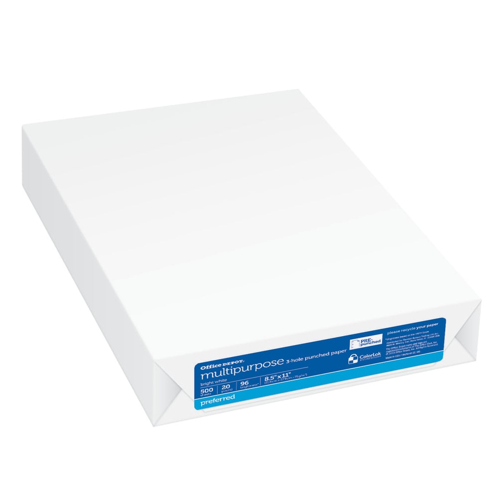 Office Depot 3-Hole Punched Multi-Use Printer & Copy Paper, 1 Ream, White, Letter (8.5in x 11in), 500 Sheets Per Ream, 20 Lb, 96 Brightness (Min Order Qty 8) MPN:951031OD (REAM)