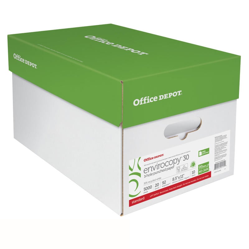 Office Depot EnviroCopy 3-Hole Punched Copy Paper, 10 Reams, White, Letter (8.5in x 11in), 5000 Sheets Per Case, 20 Lb, 30% Recycled, FSC Certified MPN:OC11203HPR