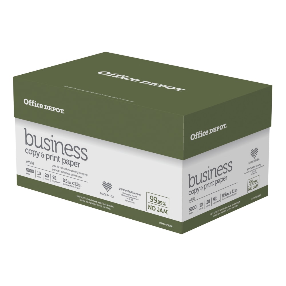 Office Depot Business Multi-Use Printer & Copy Paper, 10 Reams, White, Letter (8.5in x 11in), 5000 Sheets Per Case, 20 Lb, 92 Brightness (Min Order Qty 2) MPN:ODBCP92-CTN