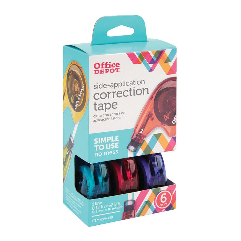 Office Depot Brand Side-Application Correction Tape, 1 Line x 392in, Assorted Colors, Pack Of 6 (Min Order Qty 11) MPN:ODFXBOX6PK