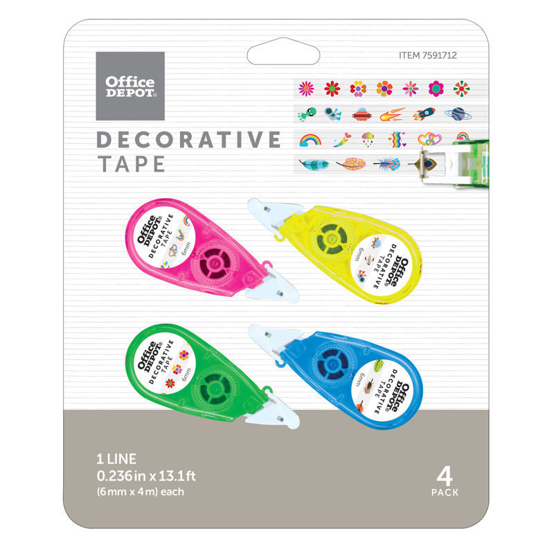 Office Depot Brand Decorative Tape With Dispensers, 0.236in x 4.36 Yd, Assorted Colors/Designs, Pack Of 4 Rolls (Min Order Qty 16) MPN:51599