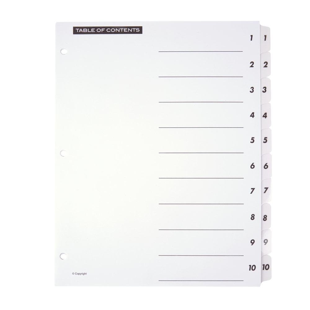 Office Depot Brand Table Of Contents Customizable Index With Preprinted Tabs, White, Numbered 1-10 (Min Order Qty 73) MPN:3585404622