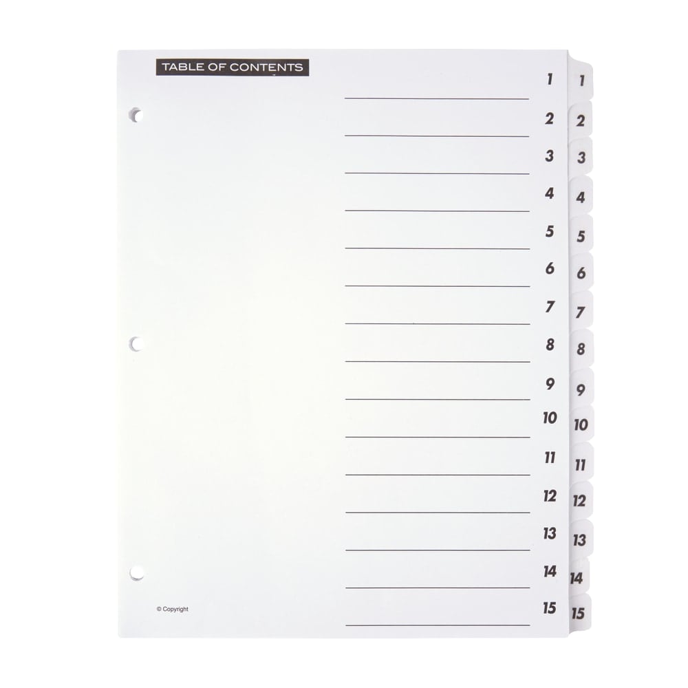 Office Depot Brand Table Of Contents Customizable Index With Preprinted Tabs, White, Numbered 1-15 (Min Order Qty 62) MPN:3585404624