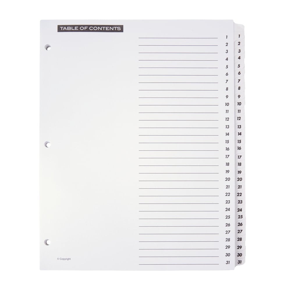 Office Depot Brand Table Of Contents Customizable Index With Preprinted Tabs, White, Numbered 1-31 (Min Order Qty 35) MPN:3585404633