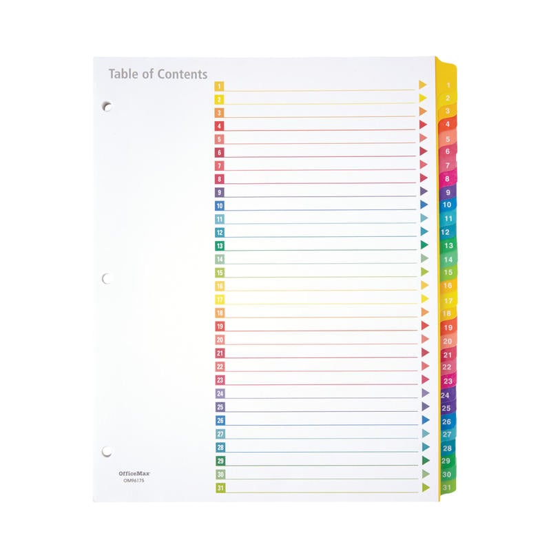 Office Depot Brand Table Of Contents Customizable Index With Preprinted Tabs, Multicolor, Numbered 1-31 (Min Order Qty 32) MPN:3585414707