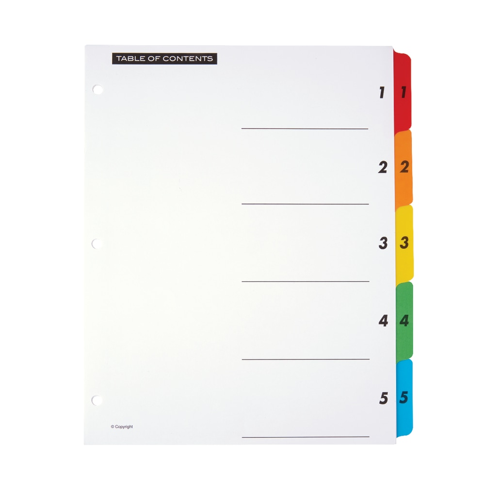 Office Depot Brand Table Of Contents Customizable Index With Preprinted Tabs, Multicolor, Numbered 1-5, Pack Of 6 Sets (Min Order Qty 28) MPN:3585414708