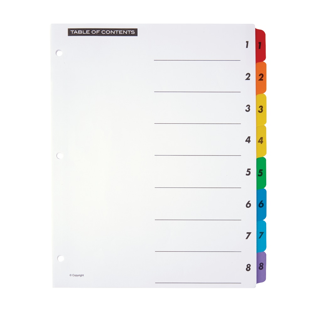 Office Depot Brand Table Of Contents Customizable Index With Preprinted Tabs, Multicolor, Numbered 1-8, Pack Of 6 Sets (Min Order Qty 16) MPN:3585414709