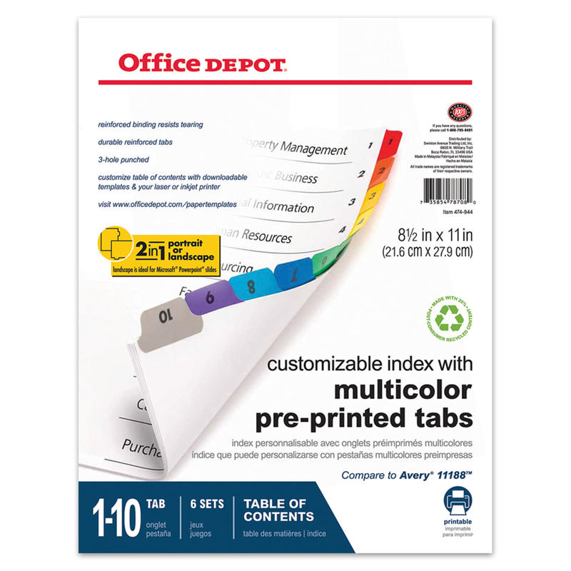 Office Depot Brand Table Of Contents Customizable Index With Preprinted Tabs, Multicolor, Numbered 1-10, Pack Of 6 Sets (Min Order Qty 15) MPN:3585414710