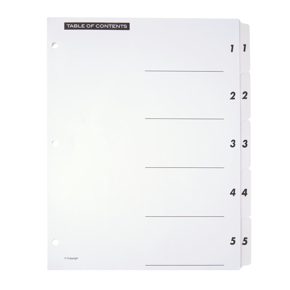 Office Depot Brand Table Of Contents Customizable Index With Preprinted Tabs, White, Numbered 1-5 (Min Order Qty 107) MPN:3585478217